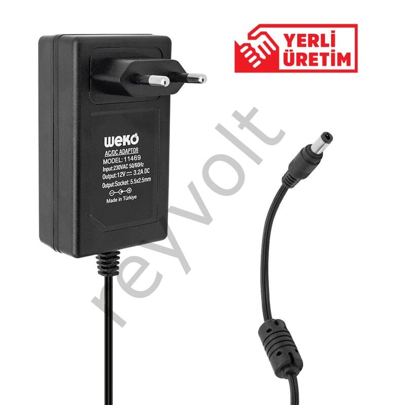 WEKO 12 Volt 3.2 Amper 38 Watt  5.5x2.5 Uçlu Plastik Kasa Priz Tipi Adaptör