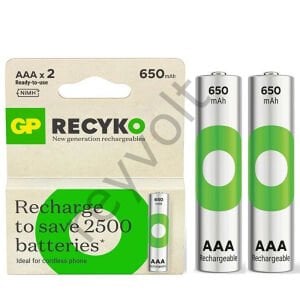 GP Recyko 650 MAH AAA Şarjlı 2'Li İnce Kalem Pil