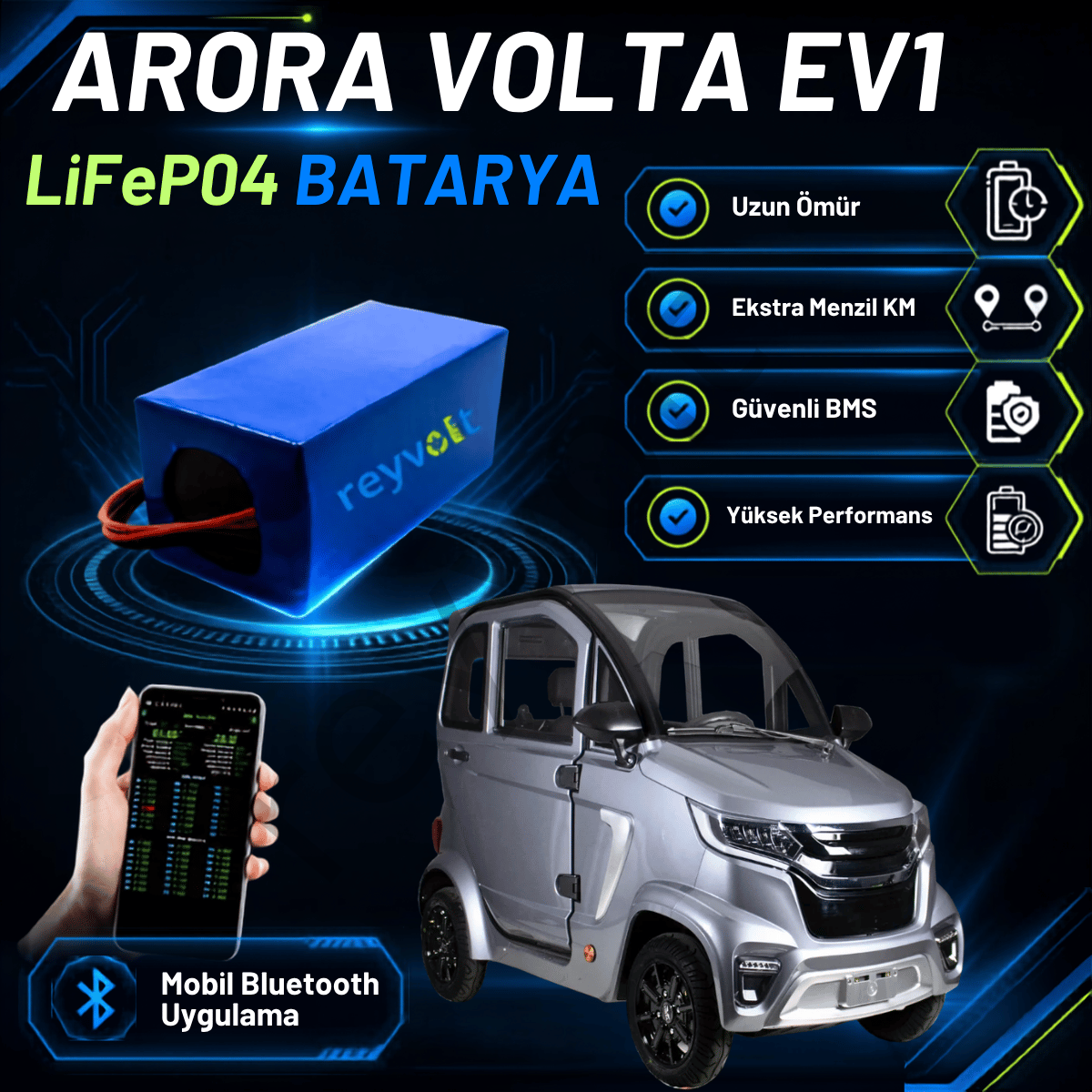Volta EV1 LiFePO4 Batarya (Bluetooth BMS+ Dijital Gösterge)
