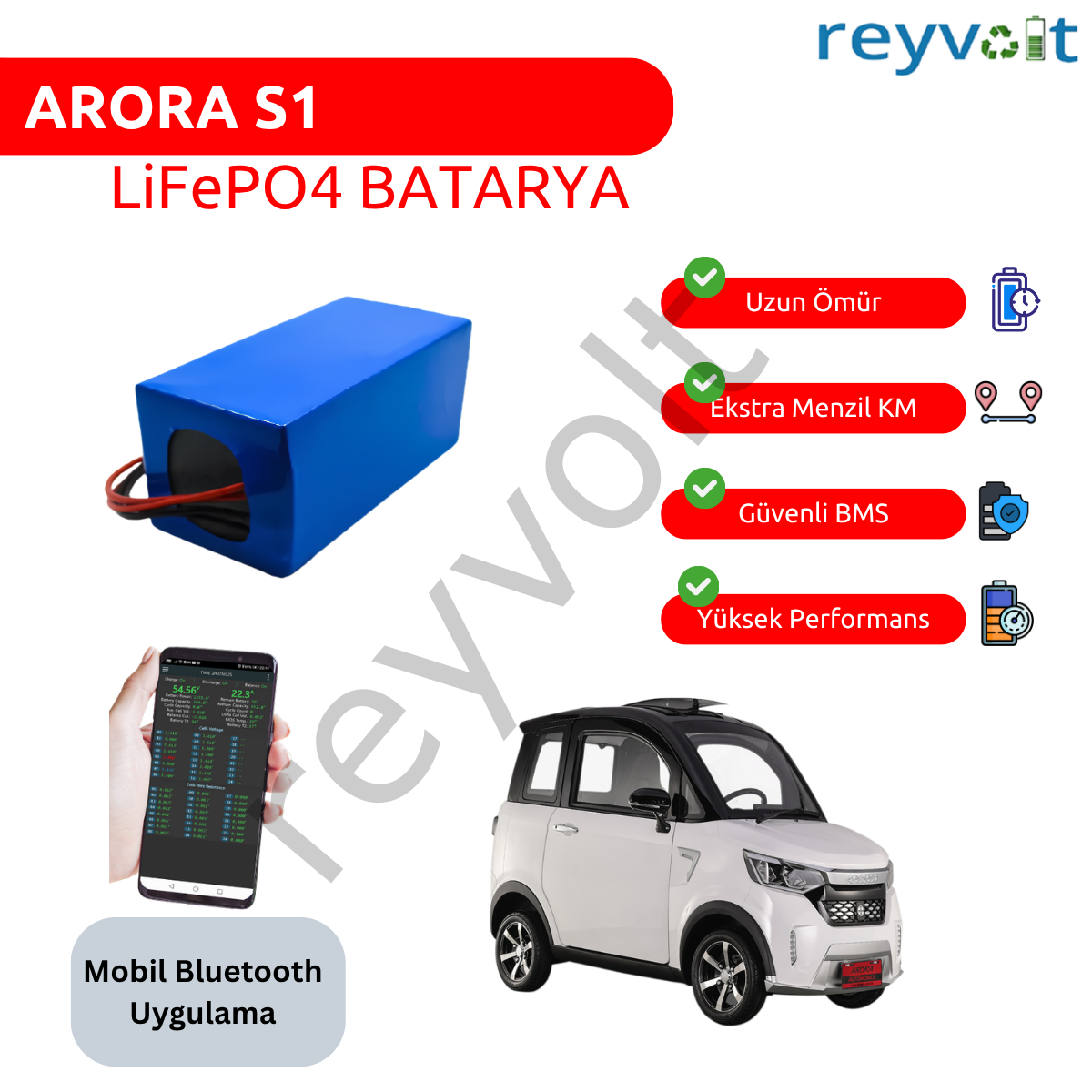 ARORA S1 LiFePO4 Batarya (Bluetooth BMS+ Dijital Gösterge)