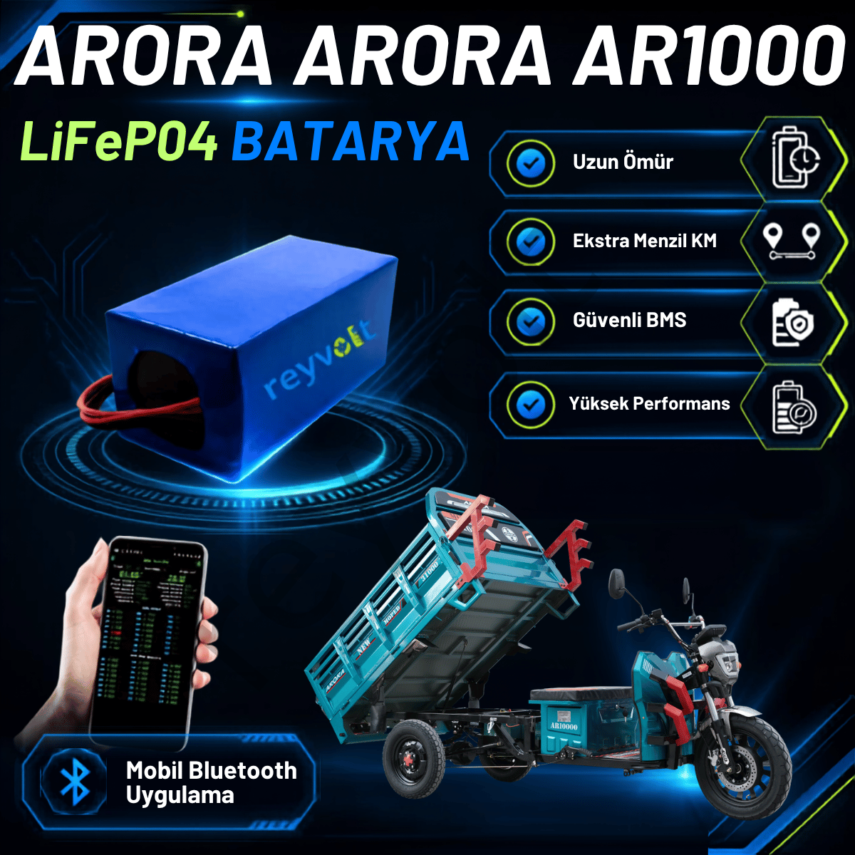 ARORA AR1000 LiFePO4 Batarya (Bluetooth BMS+ Dijital Gösterge)
